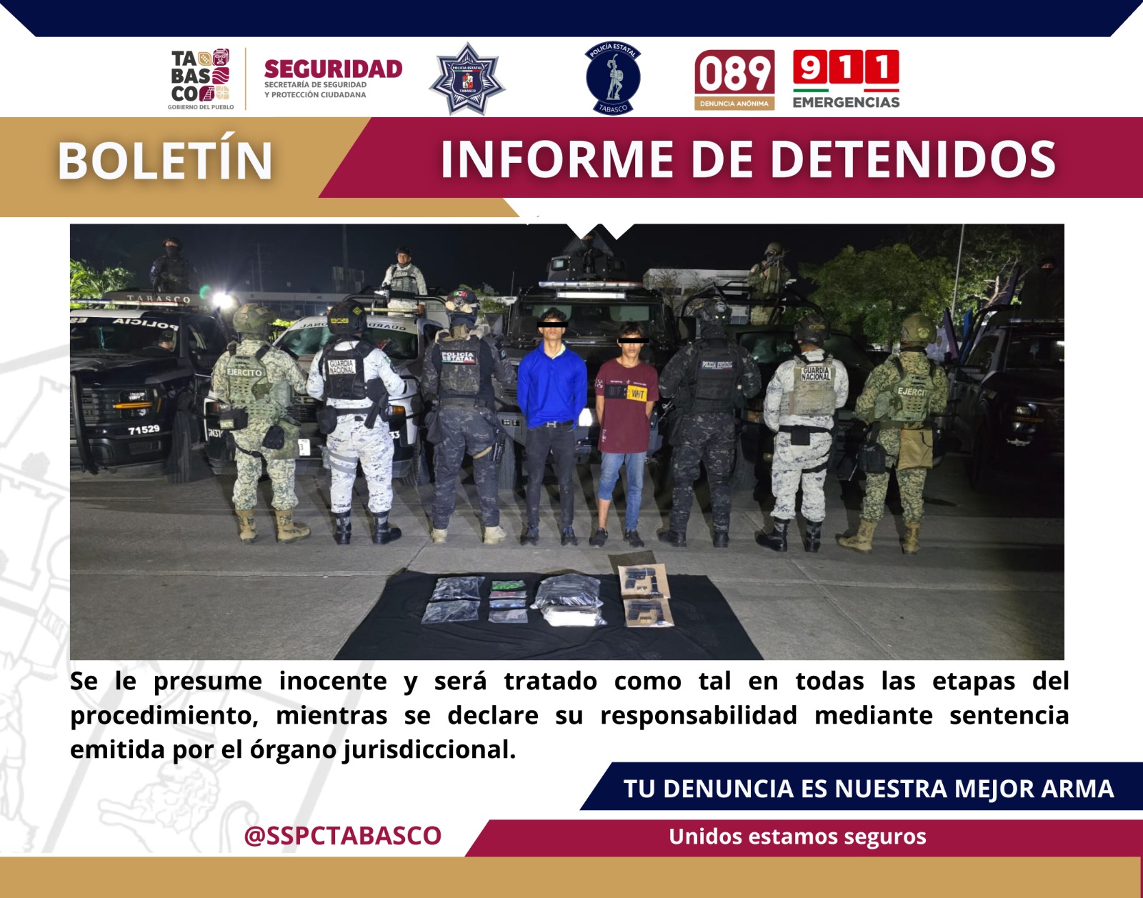Aseguran SSPC y FIRT Olmeca a dos personas por presuntos delitos contra la Ley General de Salud y portación de armas de fuego.