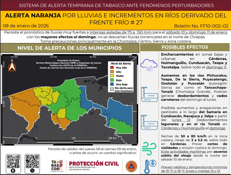 Elevan a Alerta Naranja por Frente Frío No. 27; exhortan a extremar precauciones.