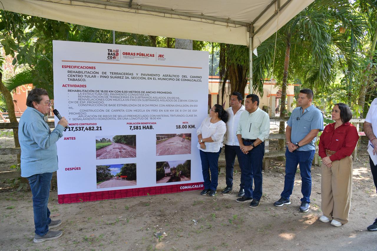 Renueva Gobierno del Estado camino entre Centro Tular y Pino Suárez tercera de Comalcalco; supervisa Javier May trabajos que beneficiarán a 7,600 habitantes.