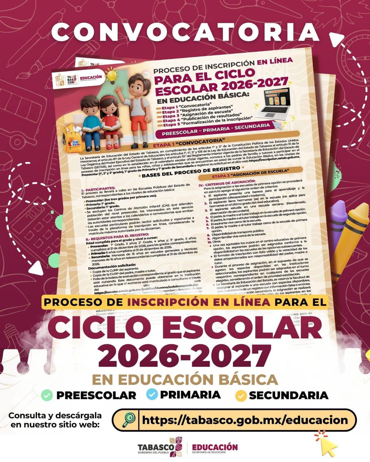 Inicia primera etapa del proceso de inscripción a educación básica.