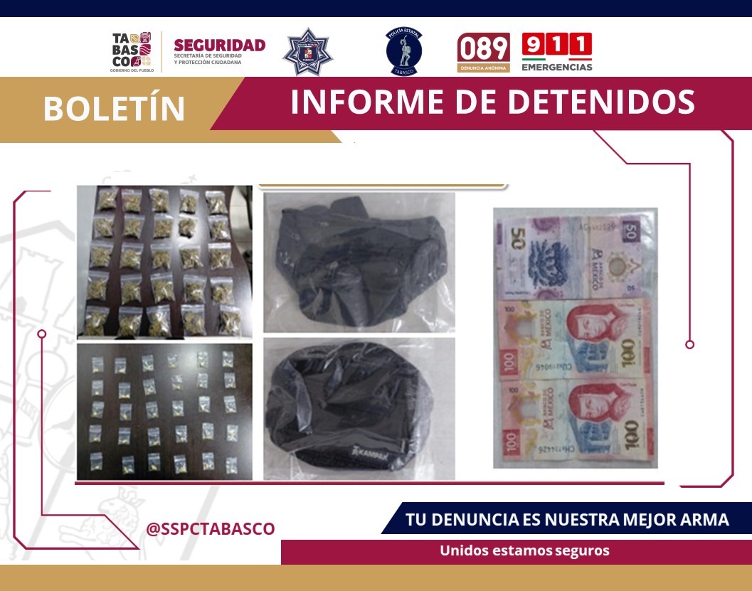 La SSPC y FIRT Olmeca detienen a dos masculinos por delito contra la Ley General de Salud en la colonia Centro.