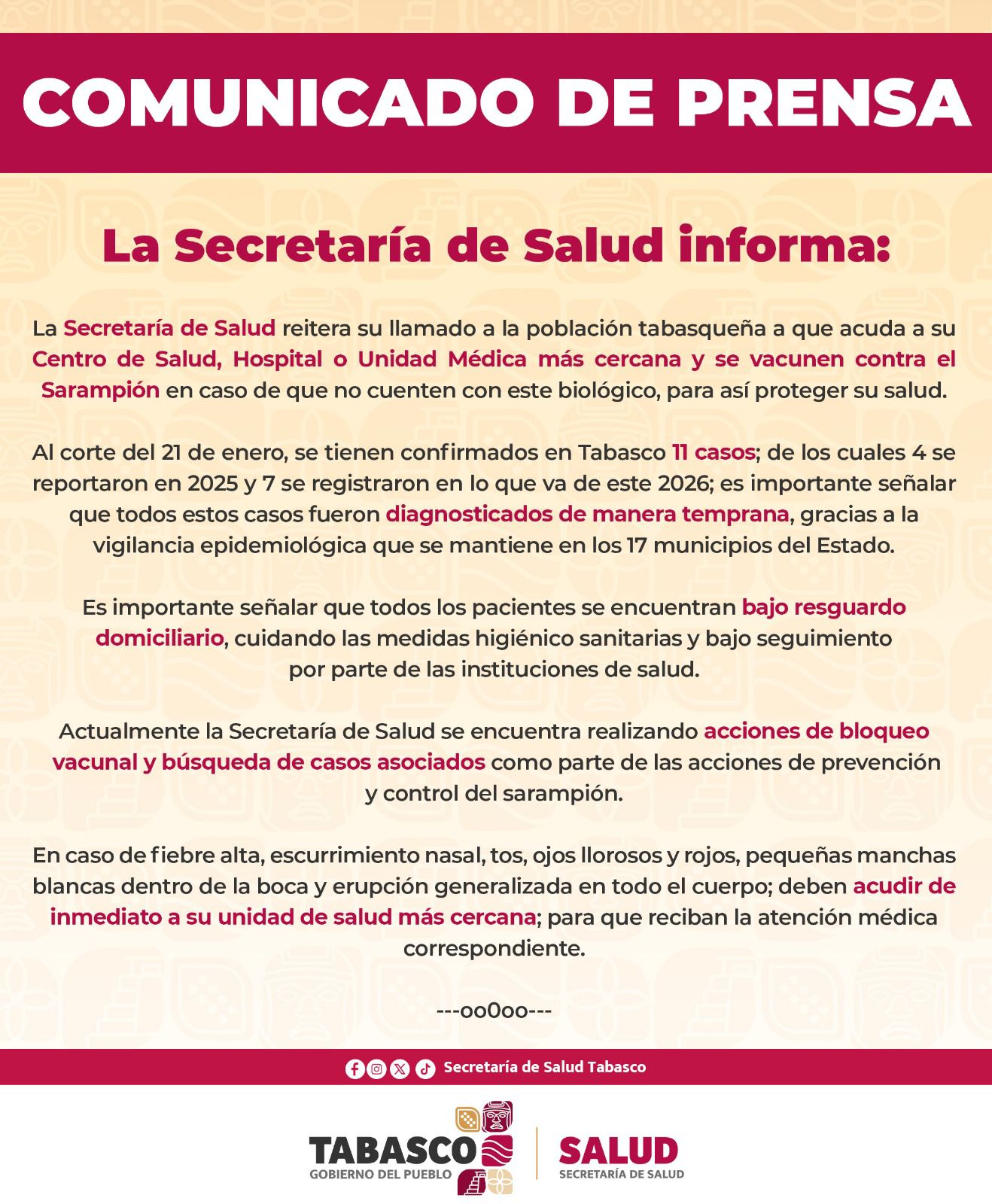 LA SECRETARÍA DE SALUD TABASCO EMITE COMUNICADO DE PRENSA.