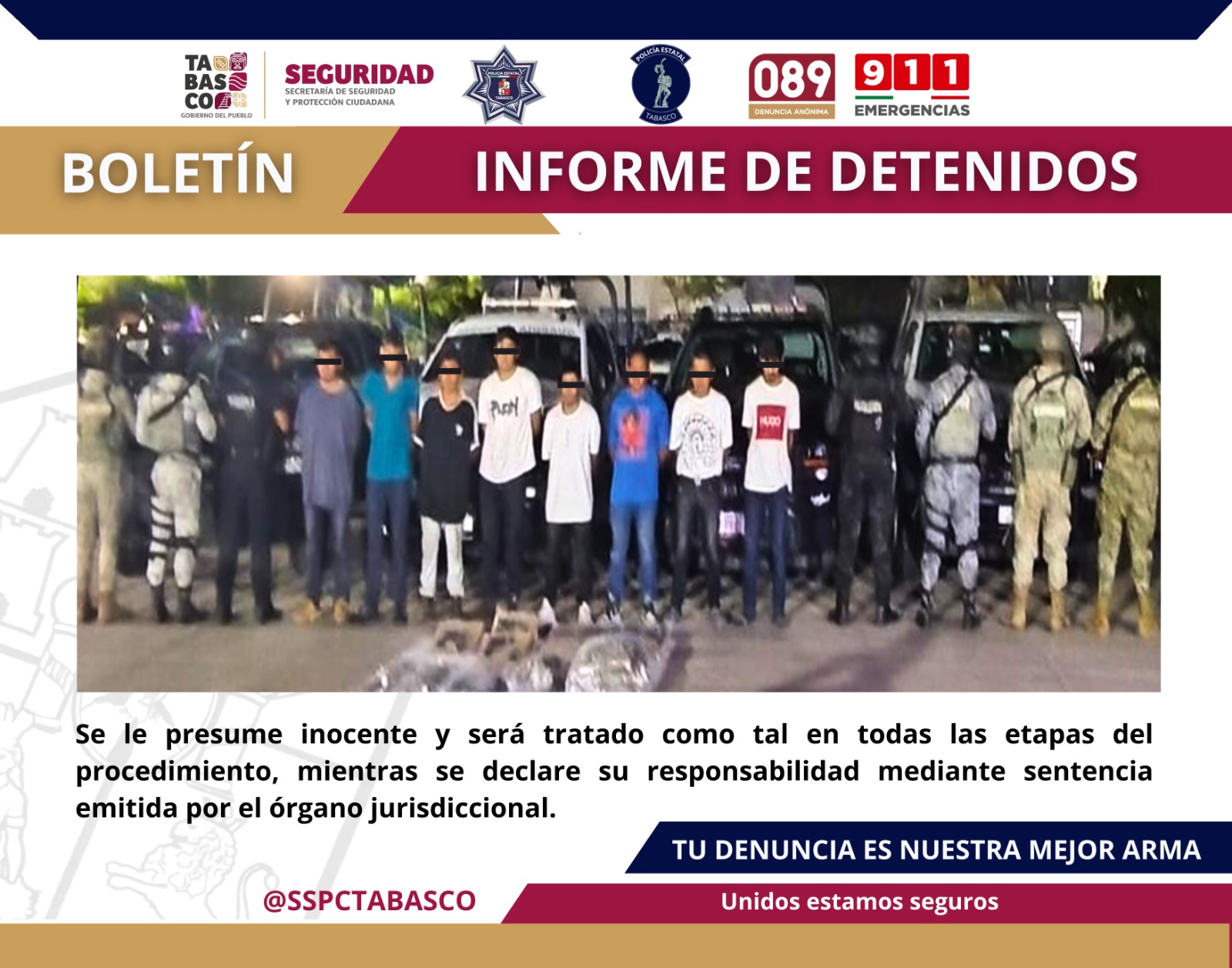 Por presuntos delitos contra la Ley General de Salud y Portación de Arma de Fuego detiene la SSPC a 8 masculinos en Macuspana.