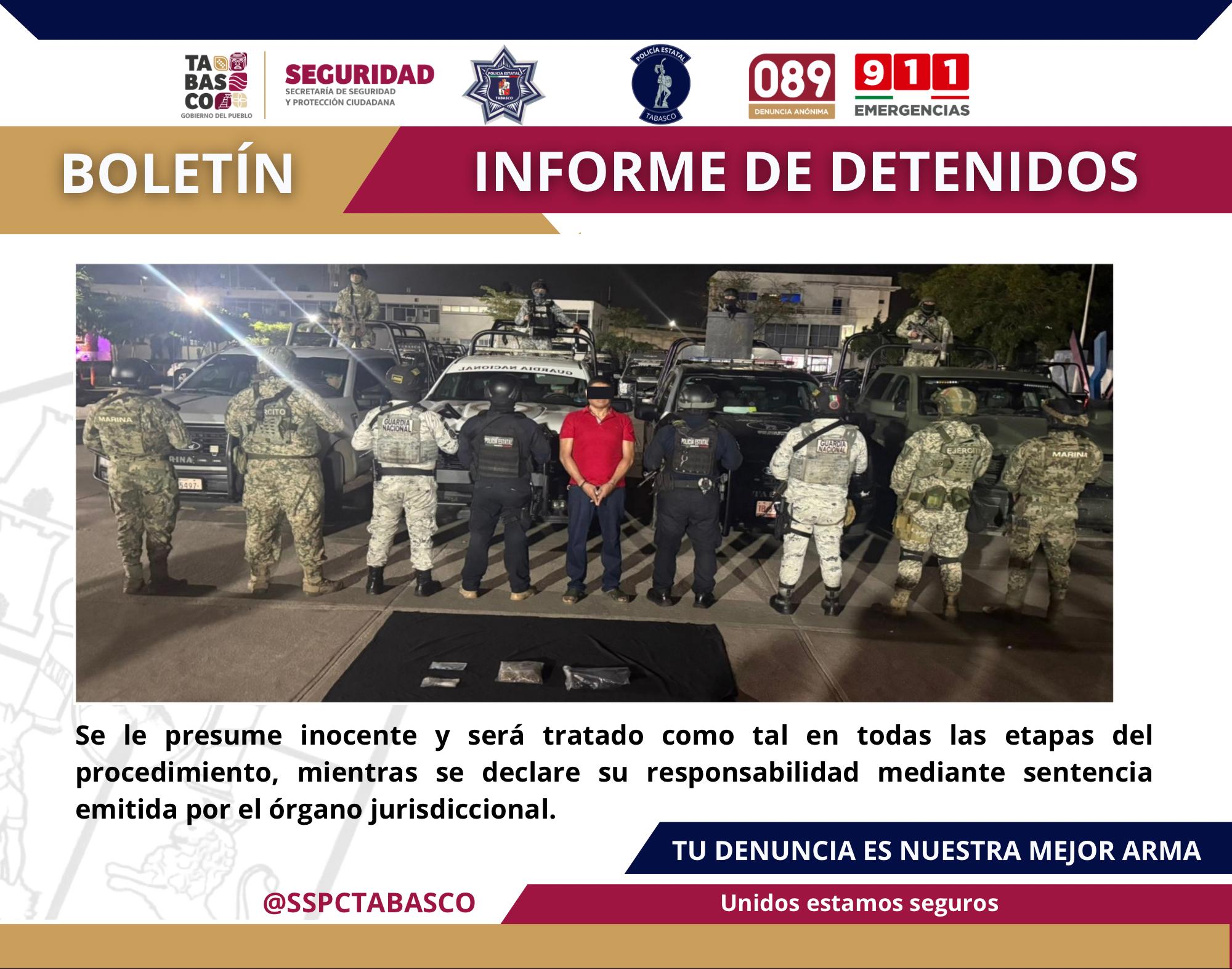 La SSPC detiene a un masculino por presunto delito contra la Ley General de Salud en Nacajuca.