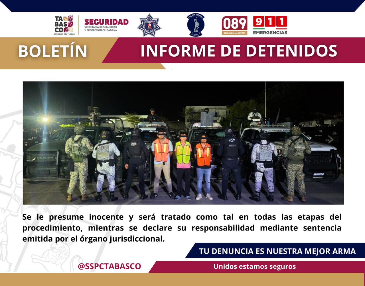 Aseguran SSPC y la FIRT Olmeca a tres personas por los delitos de homicidio y portación de arma de fuego.