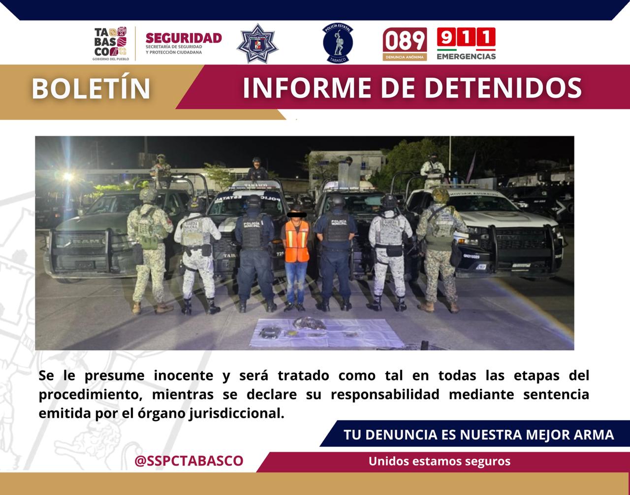 En recorridos de seguridad, por el delito de posesión de estupefacientes, detiene FIRT Olmeca a un masculino en Jalapa.