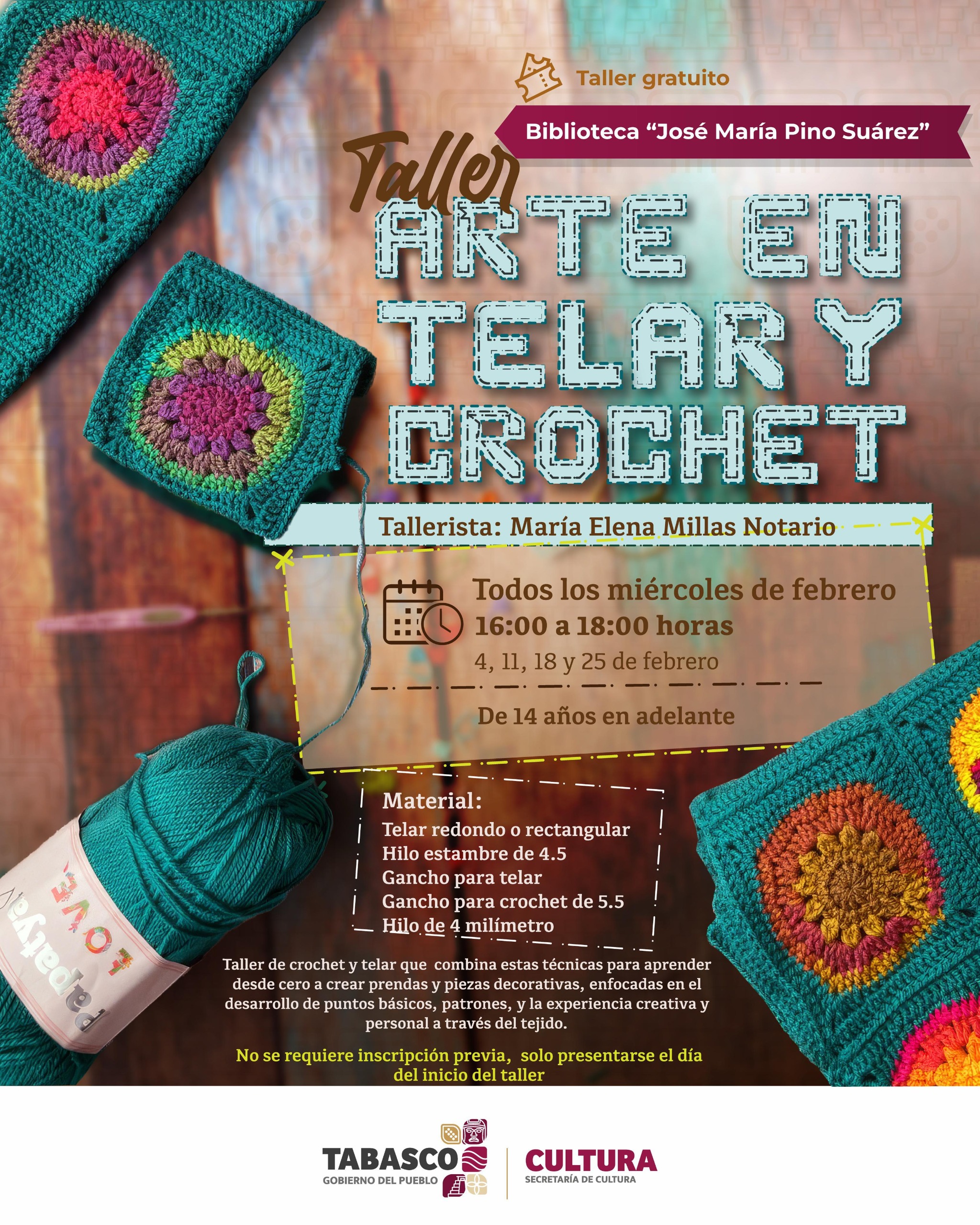 Aprende la técnica del telar y crochet con el taller gratuito de la Secretaría de Cultura.