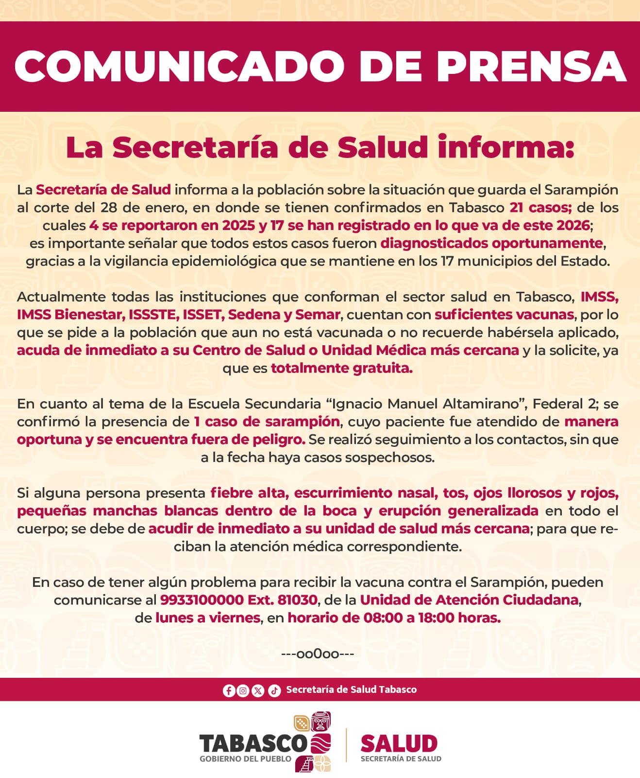 LA SECRETARÍA DE SALUD EMITE COMUNICADO RESPECTO A LOS CASOS DE SARAMPIÓN EN LA ENTIDAD.