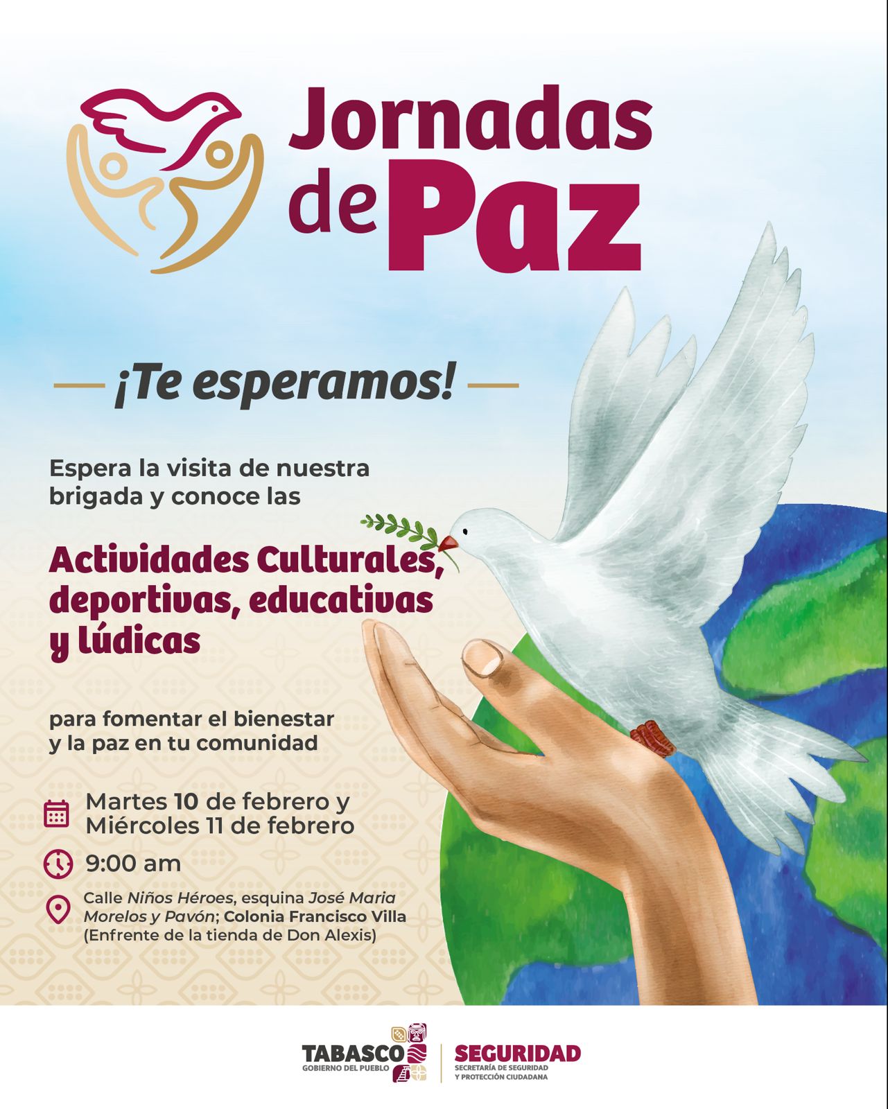 Iniciarán este martes Jornadas de Paz en la colonia Francisco Villa del municipio de Centro.