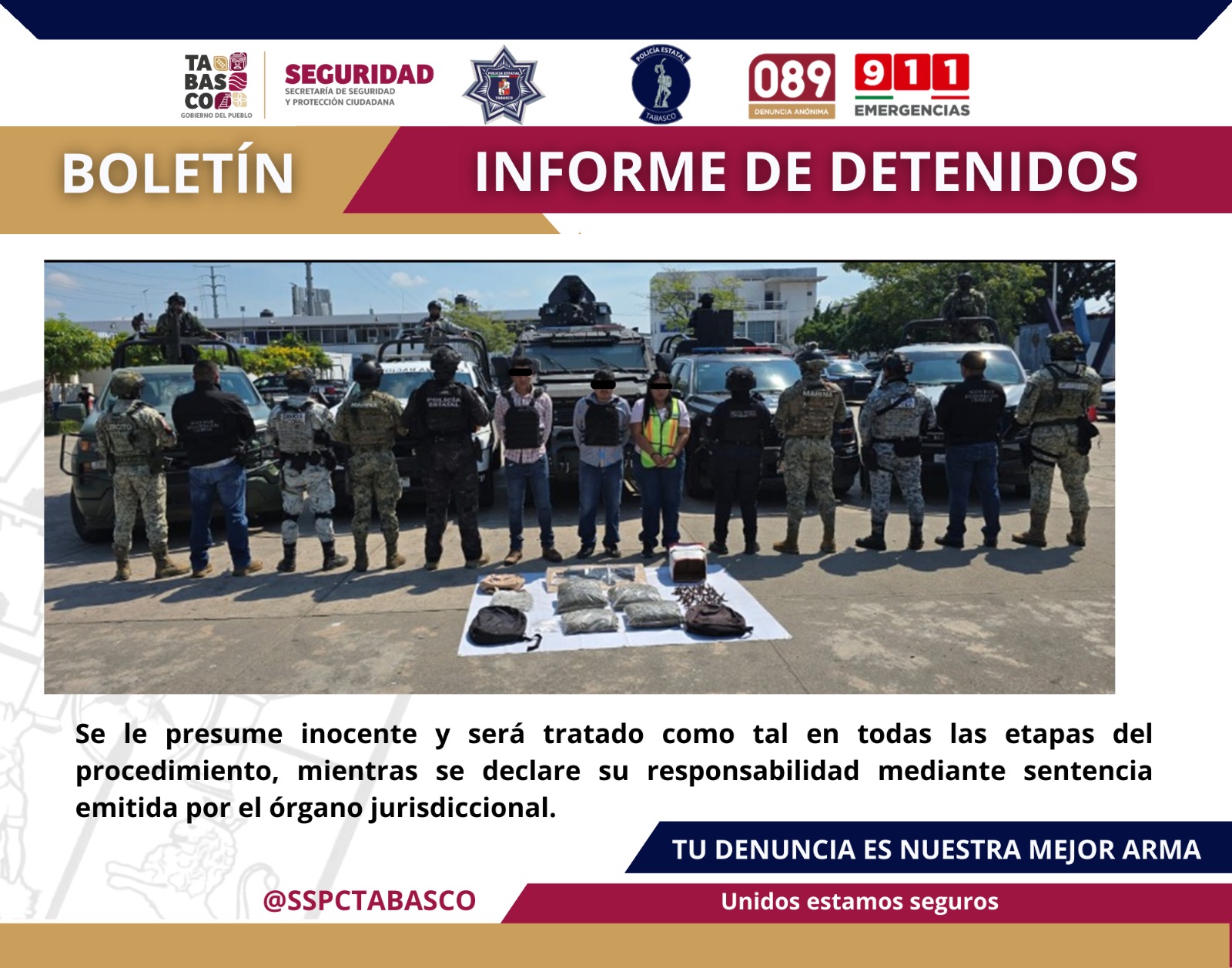 Tres personas detenidas por presuntos delitos contra la salud y portación de arma de fuego en Centro
