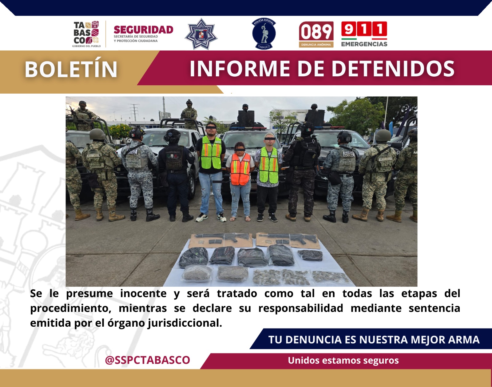 Tres personas detenidas como presuntas responsables de delitos contra la Ley General de Salud y la Ley Federal de Armas de Fuego y Explosivos, en Centro.