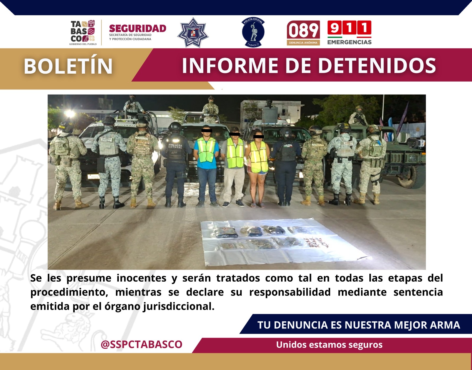 Detienen SSPC y FIRT Olmeca a tres personas por delitos contra la Ley General de la Salud.