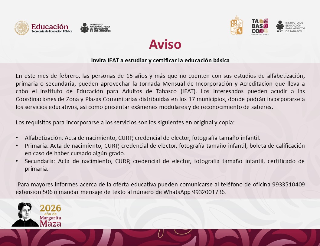 Invita IEAT a estudiar y certificar la educación básica.