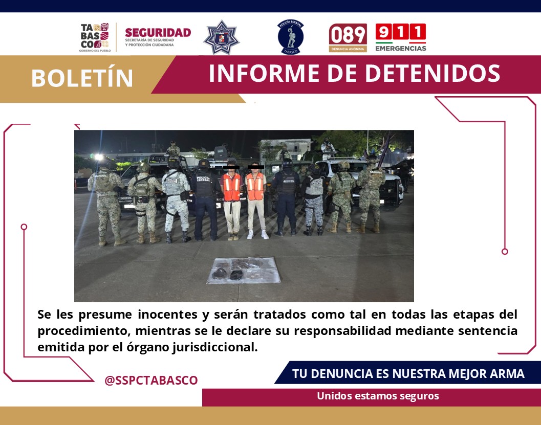 Asegura SSPC y FIRT Olmeca a tres masculinos por delito contra la Ley General de Salud en Centro.