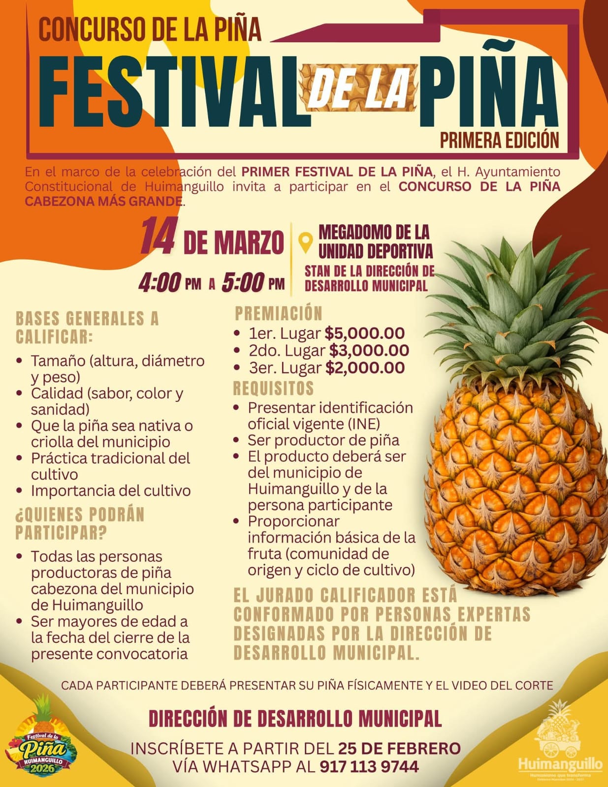 El ayuntamiento de Huimanguillo invita a productores a participar en el Concurso de la Piña Cabezona Más Grande.