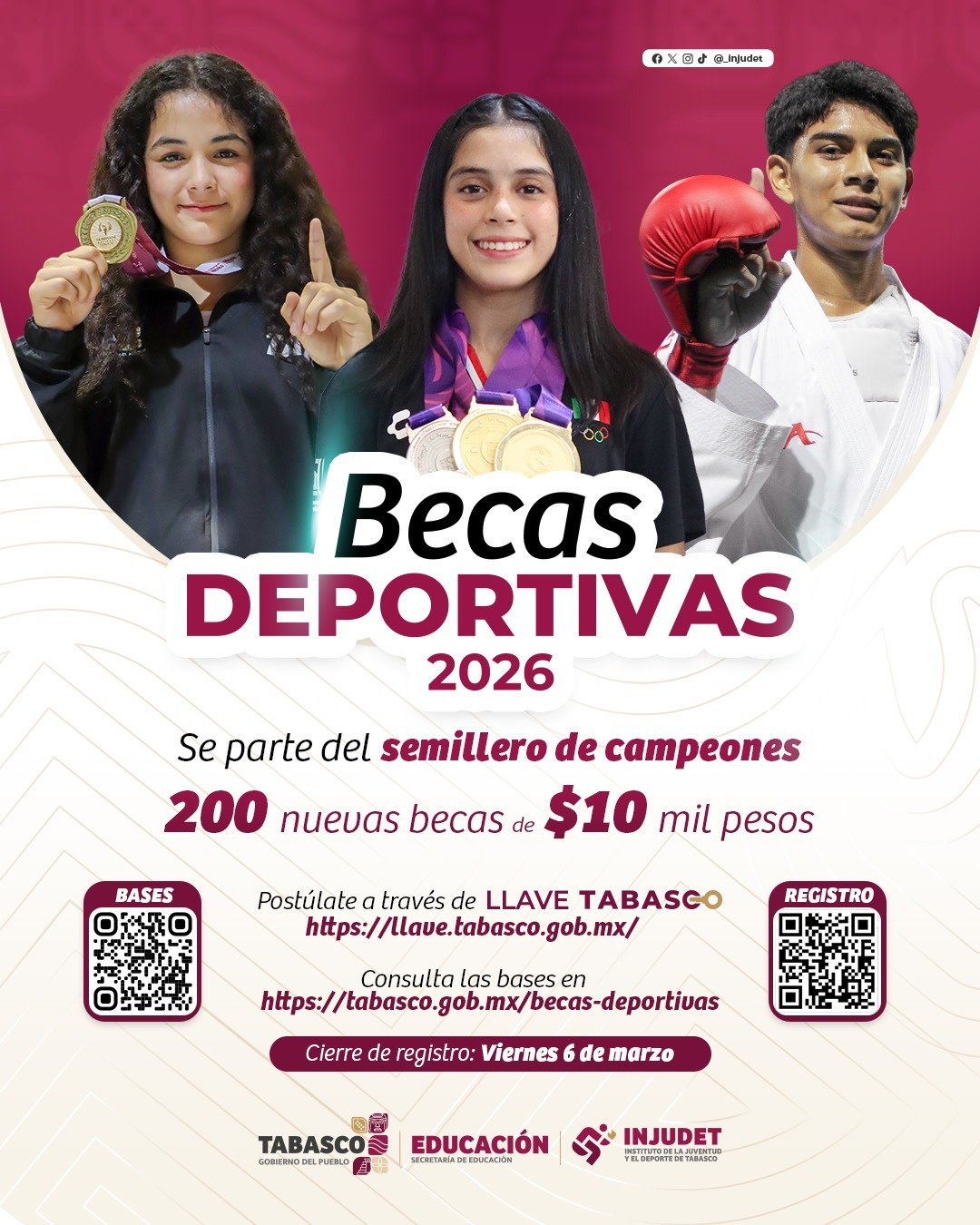 INJUDET abre convocatoria para las Becas Deportivas 2026.