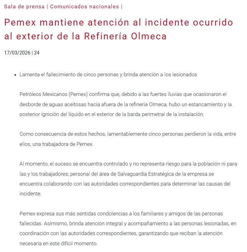 Pemex mantiene atención al incidente ocurrido al exterior de la Refinería Olmeca