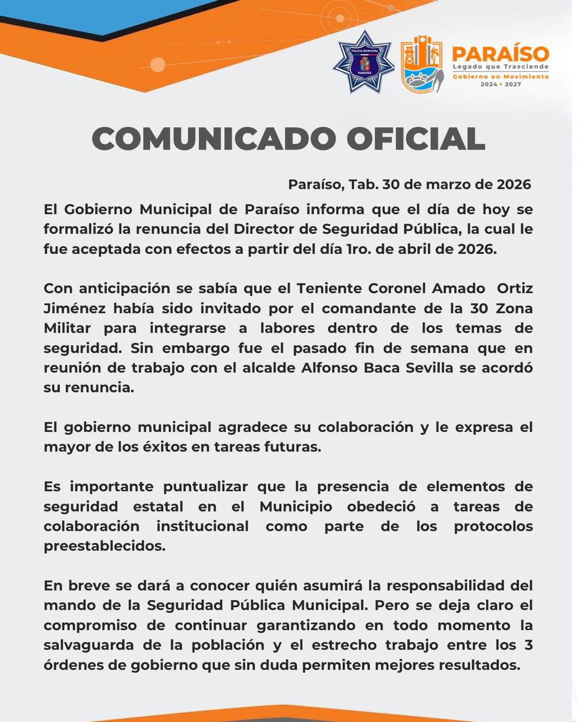 Confirma Ayuntamiento de Paraíso, la renuncia del titular de la Dirección de Seguridad Pública.