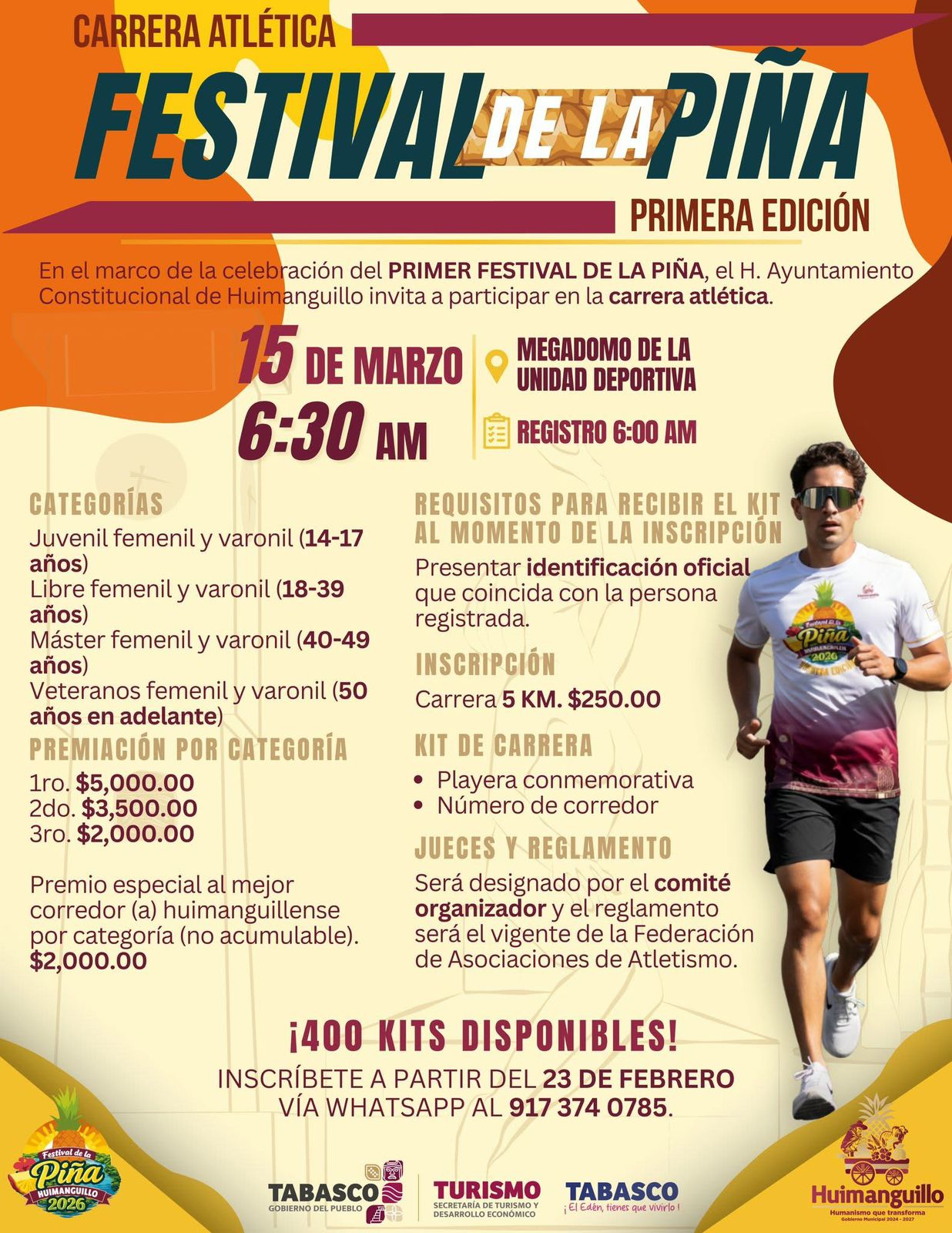 El Ayuntamiento de Huimanguillo invita a la ciudadanía a participar en la Carrera Atlética 5K.