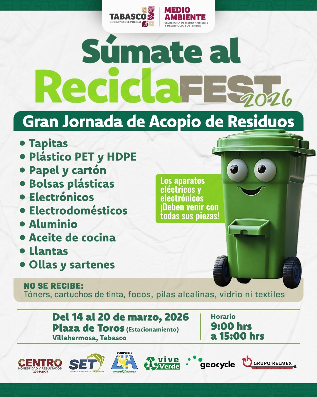 Pondrá en marcha SEMADES “Recicla Fest 2026” para recopilar plástico, papel, cartón, electrodomésticos, aluminio, aceite de cocina usado, llantas y ollas.