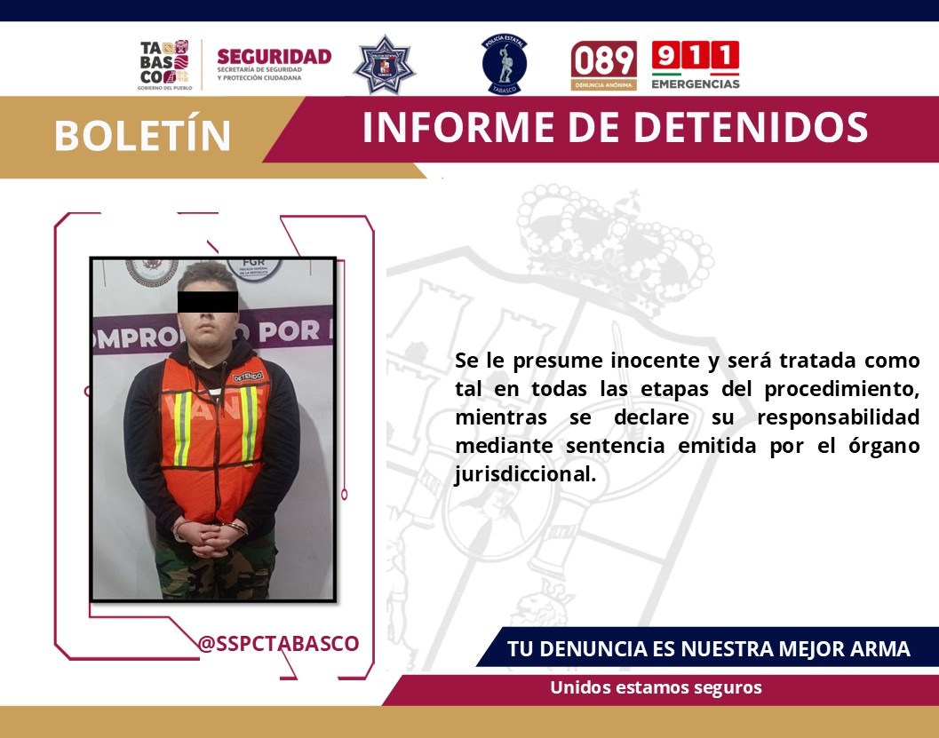 Un masculino detenido por el delito contra la Ley General de la Salud en el municipio de Centro.