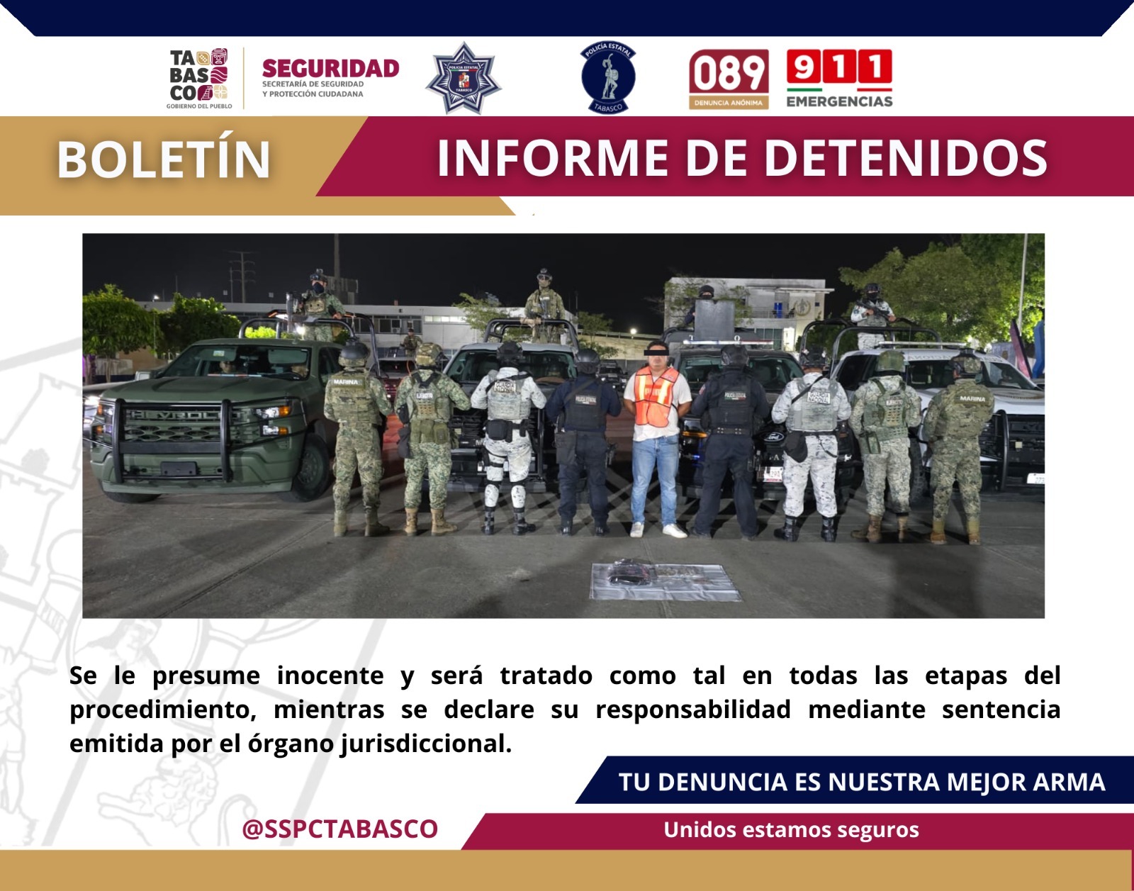 La SSPC y FIRT Olmeca detienen a un masculino por delito contra La Ley General de la Salud.