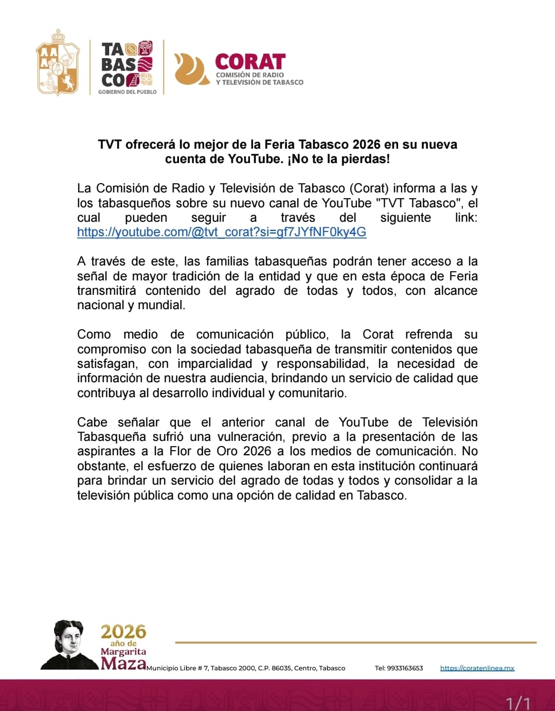 TVT ofrecerá lo mejor de la Feria Tabasco 2026 en su nueva cuenta de YouTube. ¡No te la pierdas!