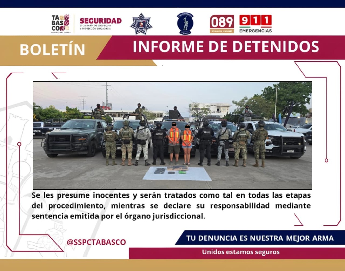 FIRT Olmeca detiene a dos personas por delitos contra la salud y portación de arma de fuego en Centro.