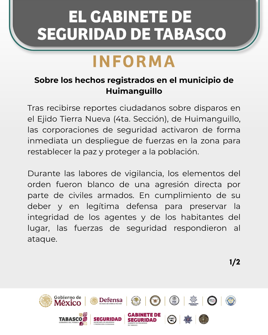 COMUNICADO DEL GABINETE DE SEGURIDAD: Sobre los hechos registrados en el municipio de Huimanguillo