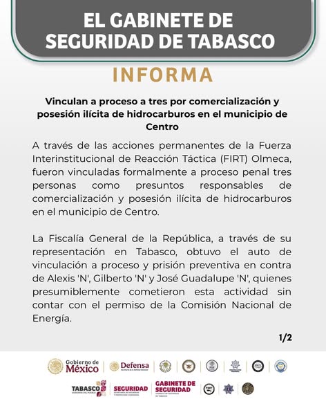Vinculan a proceso a tres por comercialización y posesión ilícita de hidrocarburos en el municipio de Centro.