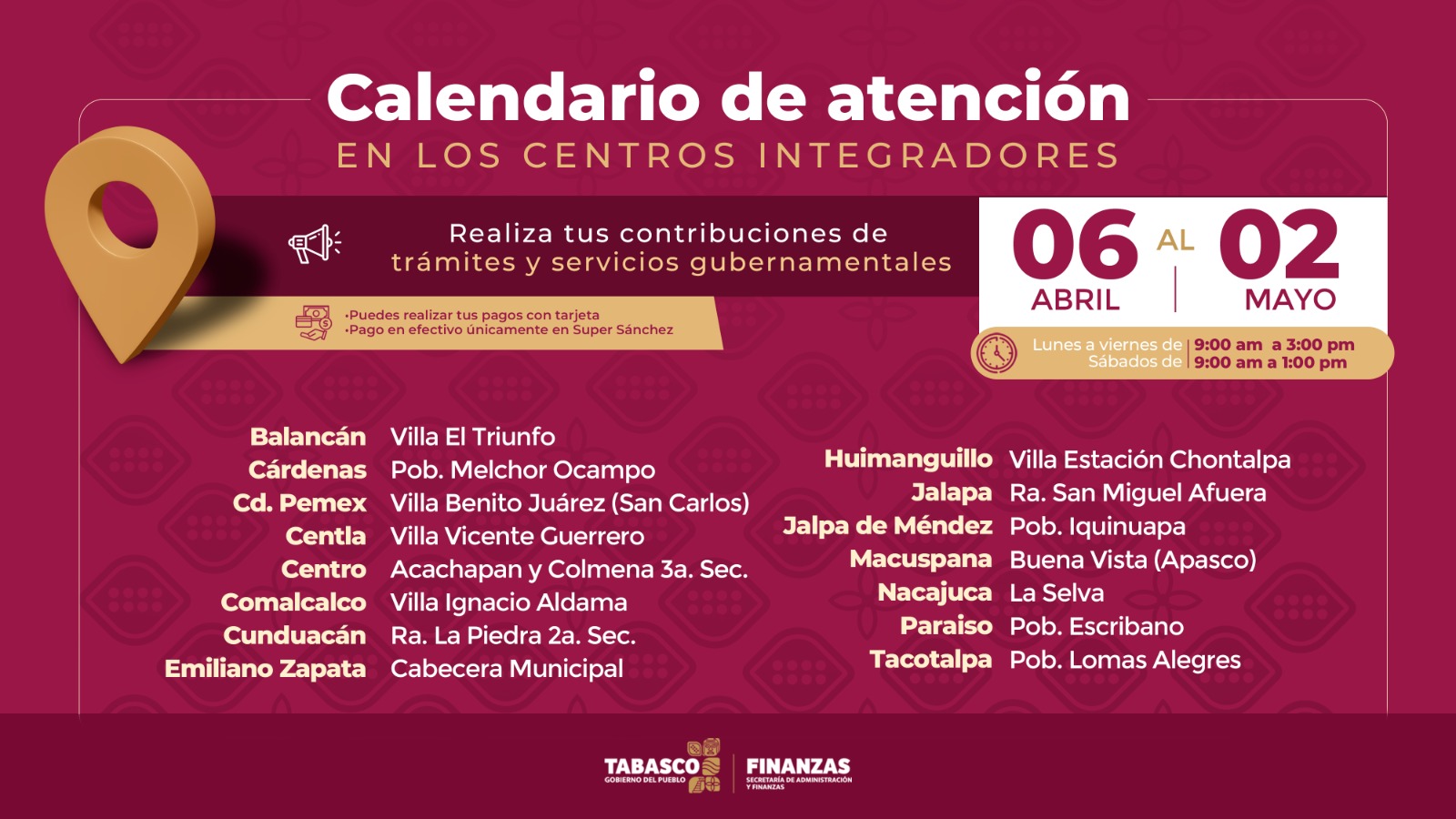 La Secretaría de Administración y Finanzas anuncia calendario de atención en centros integradores en municipios para fortalecer la recaudación local.