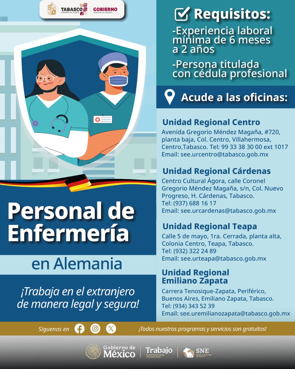Impulsa SNE Tabasco oportunidades de empleo en Alemania para Personal en Enfermería.