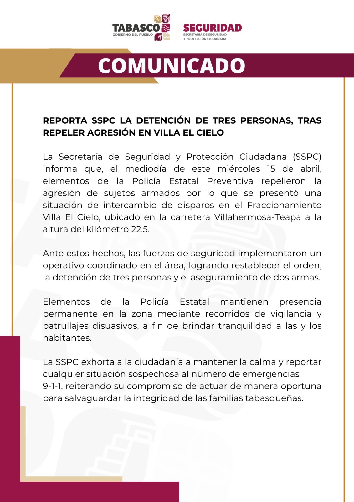 Reporta SSPC la detención de tres personas, tras repeler agresión en Villa El Cielo.
