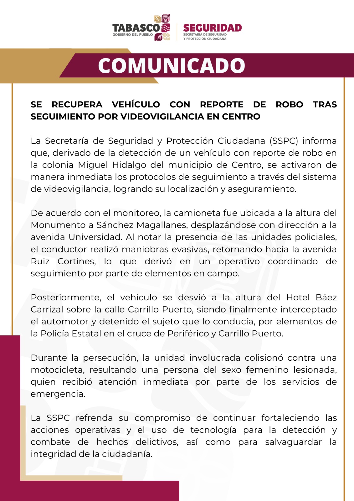 Se recupera vehículo con reporte de robo tras seguimiento por videovigilancia en Centro.