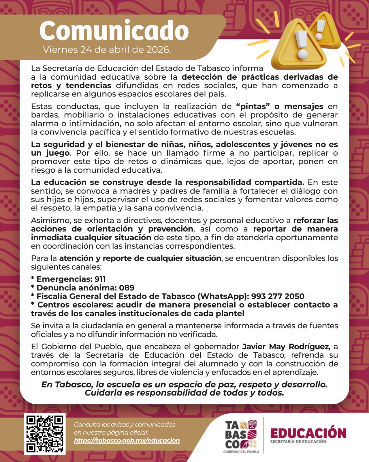 La SETAB emite comunicado referente a prácticas derivadas de retos y tendencias difundidas en redes sociales.