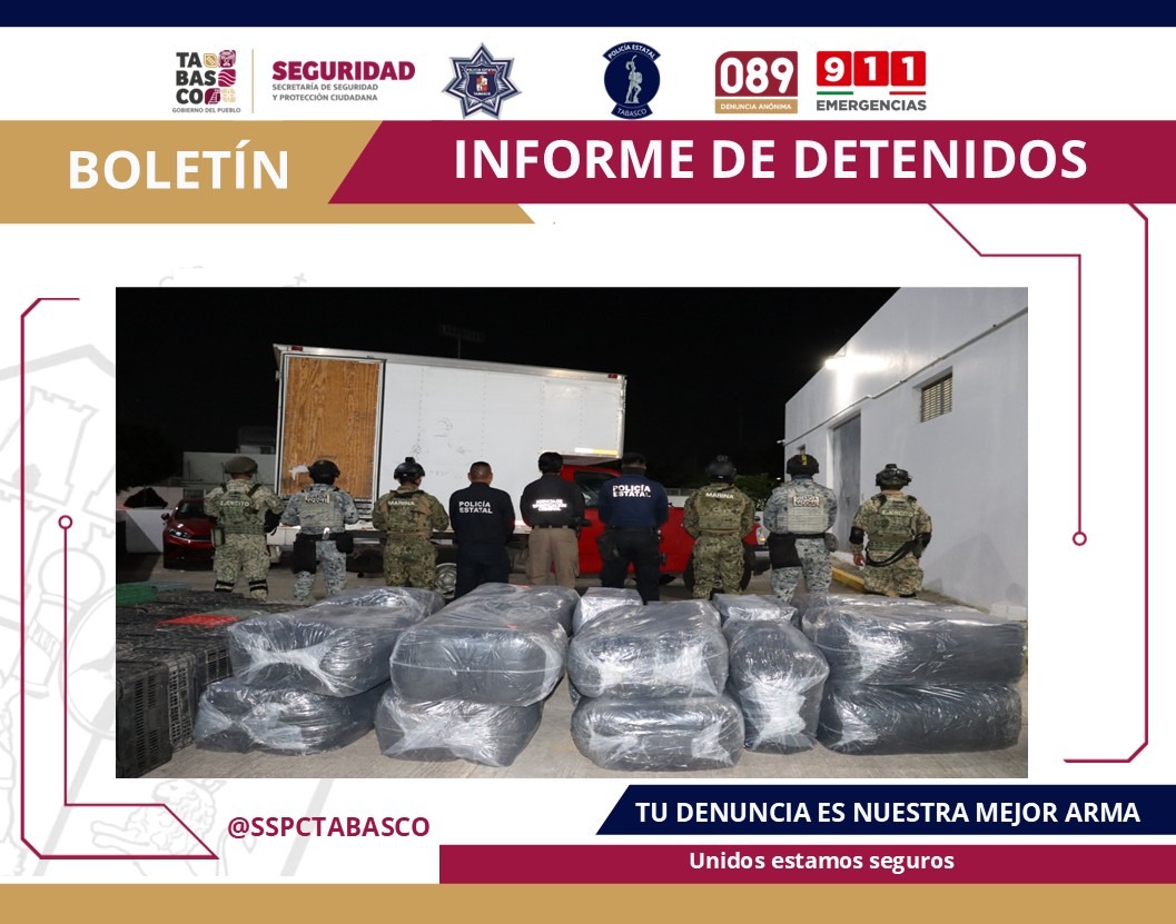 Detienen SSPC y FIRT Olmeca a masculino que transportaba gran cargamento de droga; 472 kilos de marihuana y cristal.
