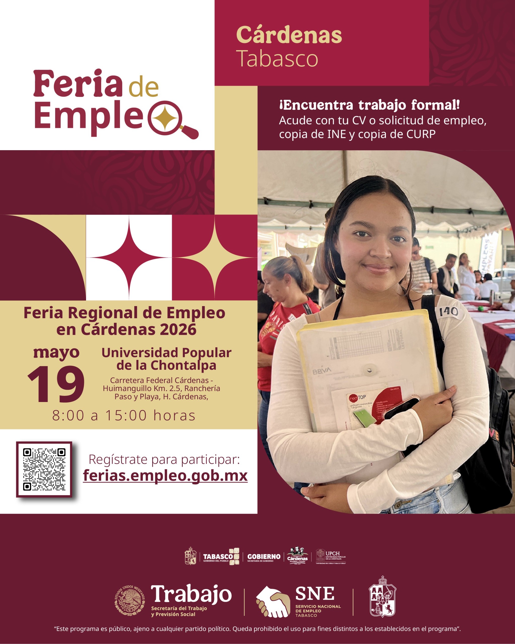 El Servicio Nacional de Empleo Tabasco acercará oportunidades laborales con la Feria Regional de Empleo en Cárdenas 2026.