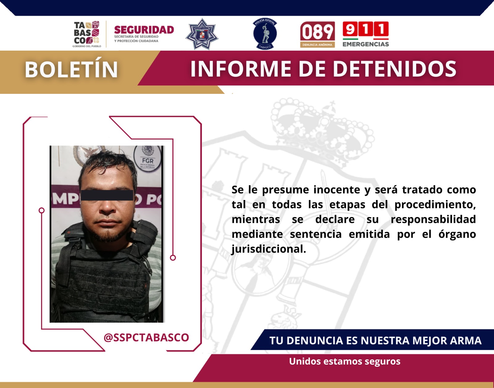 Detiene SSPC a cuatro masculinos y una femenina por presuntos delitos contra la Ley General de Salud y posesión de armas de fuego en Centro.