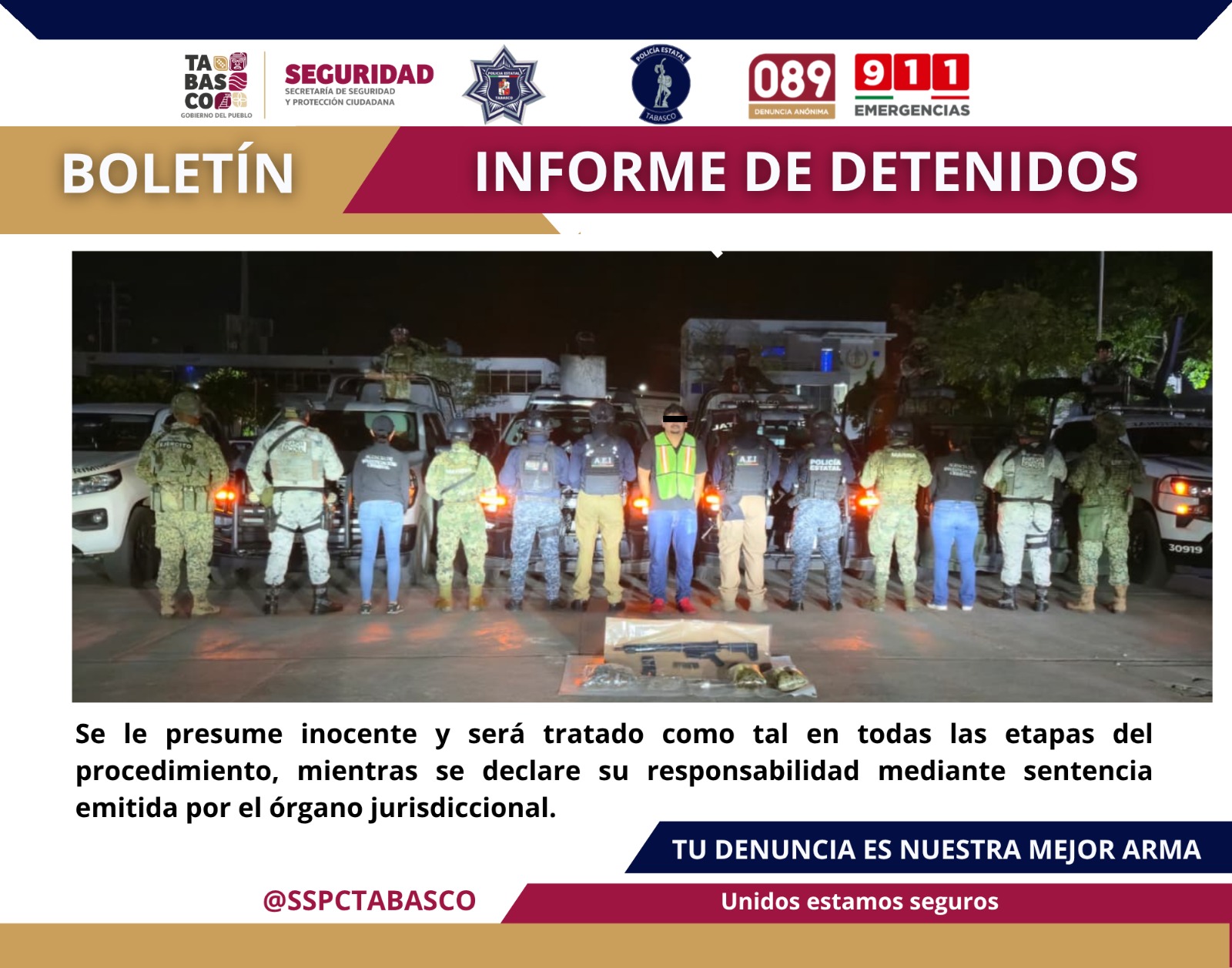 SSPC y FRIT Olmeca aseguran a presunto integrante del grupo delictivo La Barredora, en Centro.