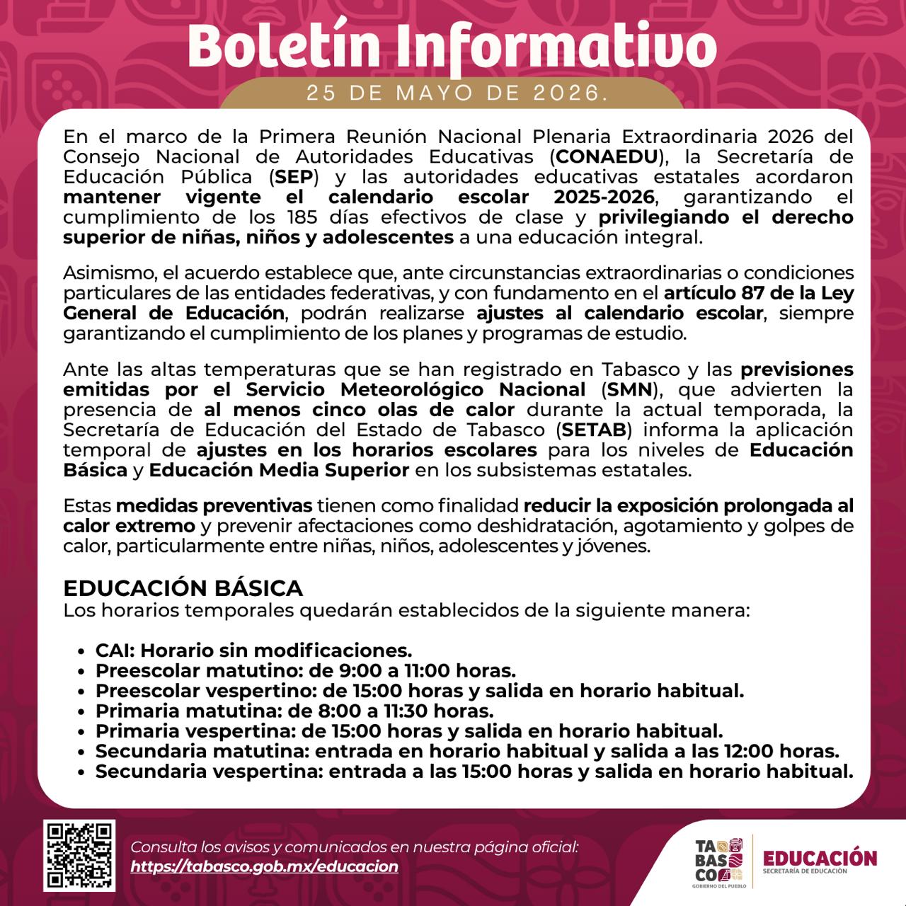 La SETAB emite boletín informativo, ante las condiciones climatológicas.