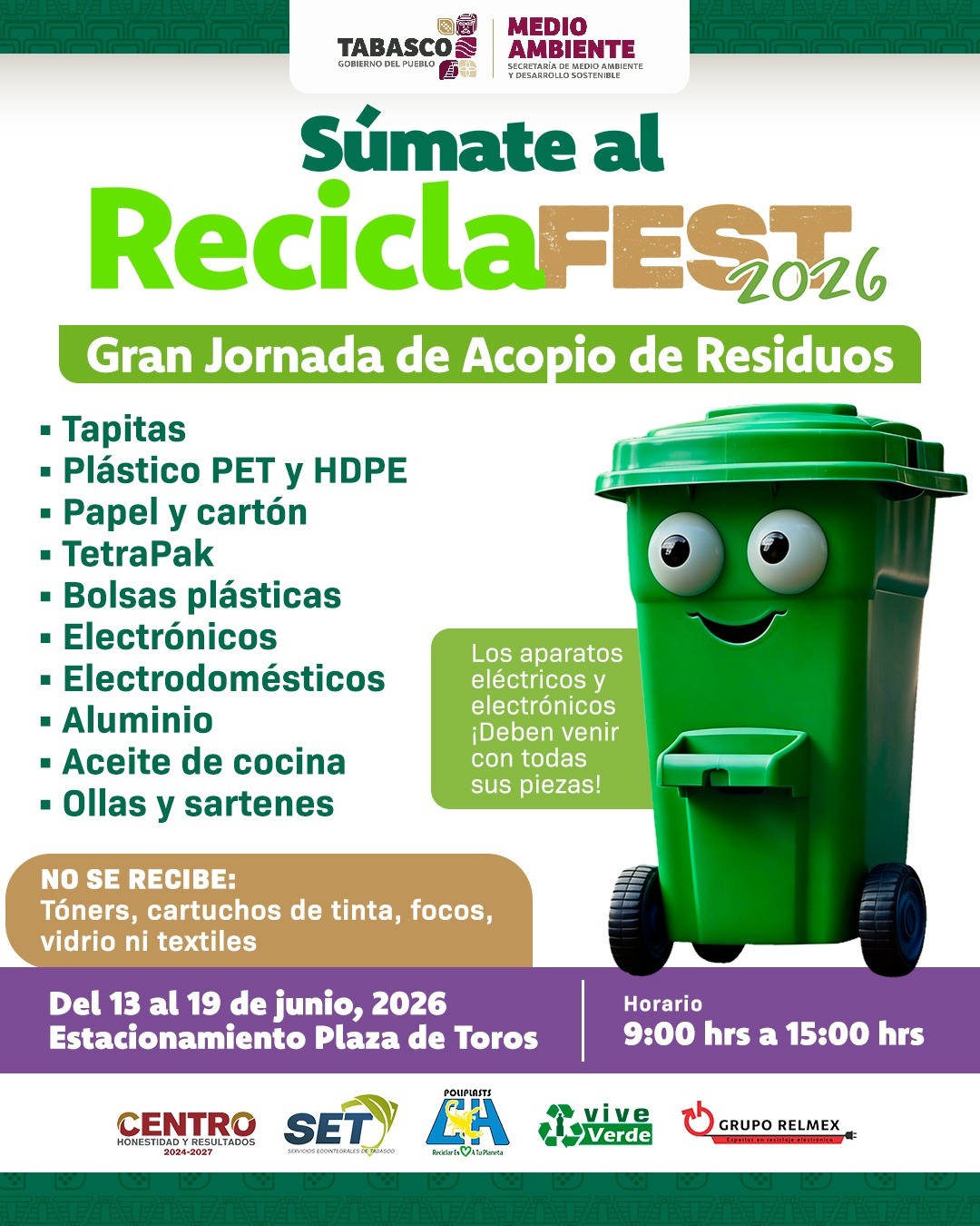 Convoca gobierno de Tabasco a la jornada masiva de acopio de residuos “Reciclafest 2026”.