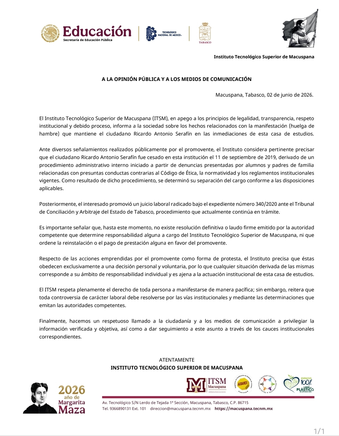 EMITE COMUNICADO EL INSTITUTO TECNOLÓGICO SUPERIOR DE MACUSPANA, A LA OPINIÓN PÚBLICA Y A LOS MEDIOS DE COMUNICACIÓN.