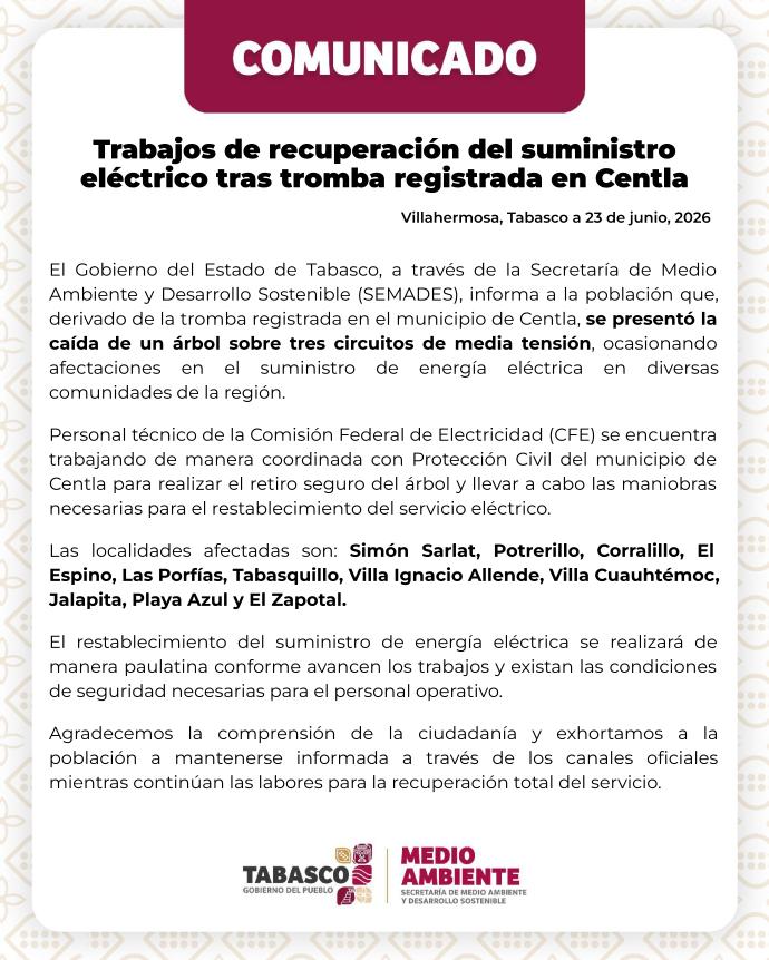 Trabajos de recuperación del suministro eléctrico tras tromba registrada en Centla.