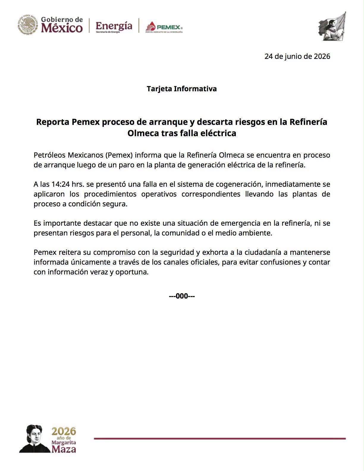 Pemex proceso de arranque y descarta riesgos en la Refinería Olmeca tras falla eléctrica.