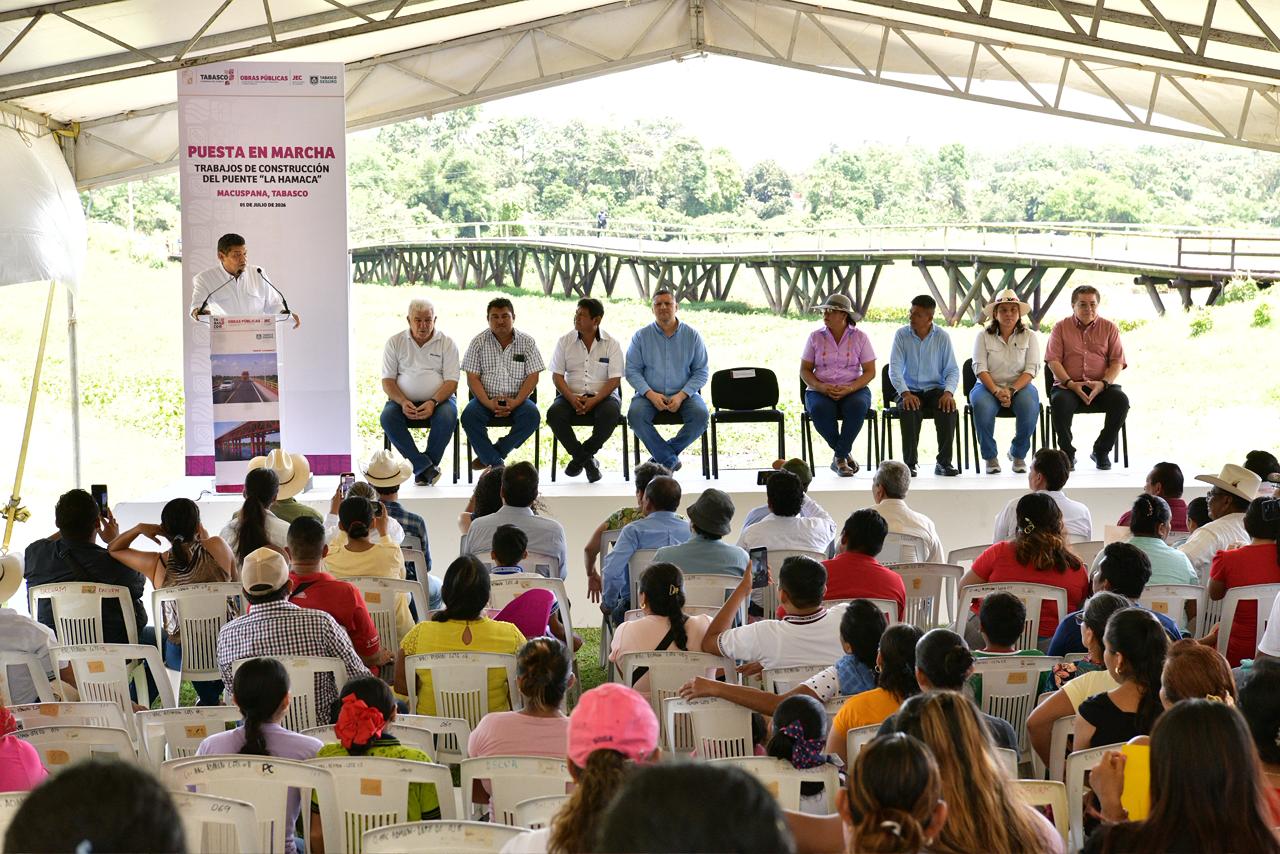 Javier May inicia construcción de puente «La Hamaca» en zona de los Vernet, Macuspana; Gobierno del Estado invierte 58 mdp.