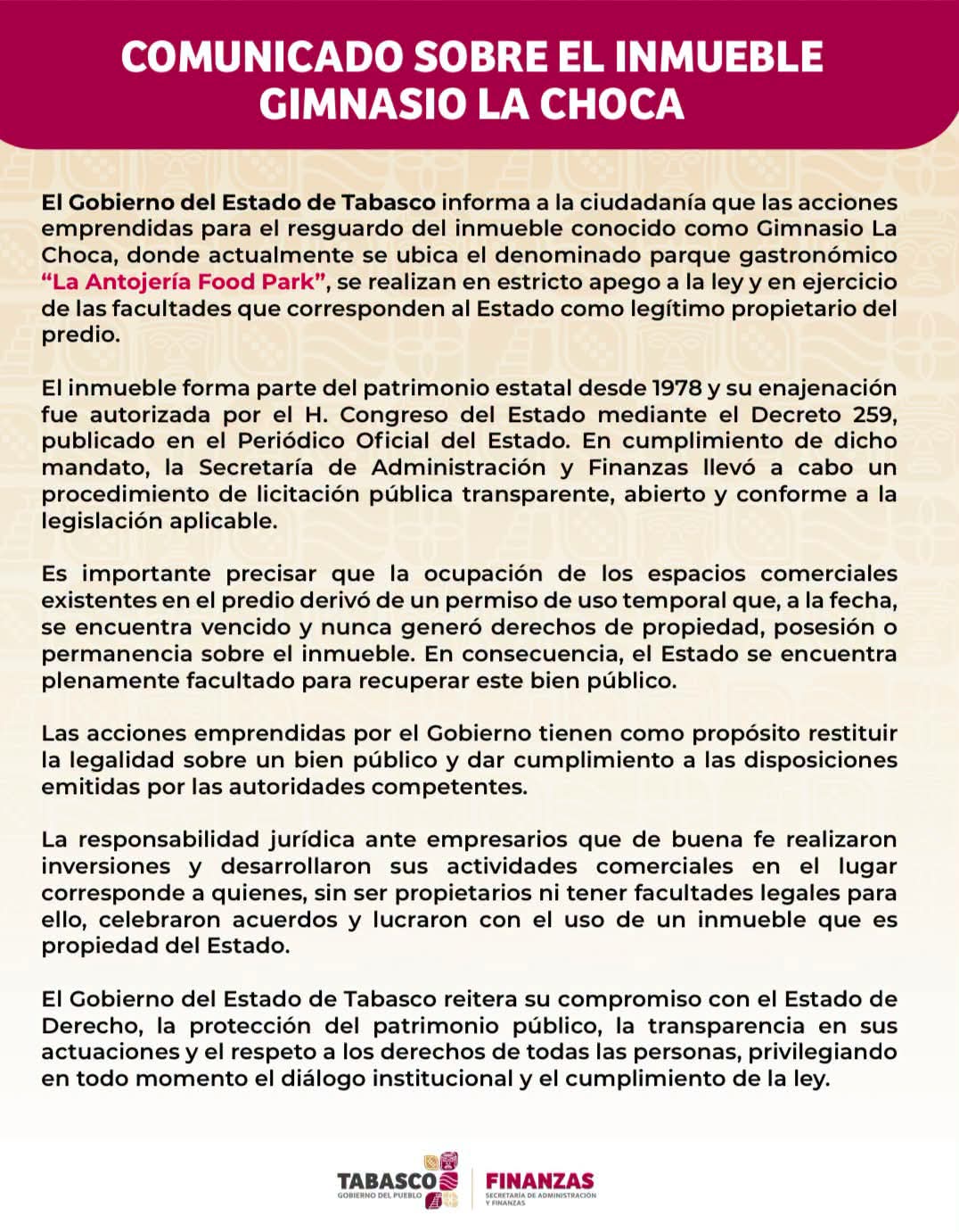 El Gobierno del Estado emite Comunicado Oficial sobre el Inmueble del Gimnasio La Choca.
